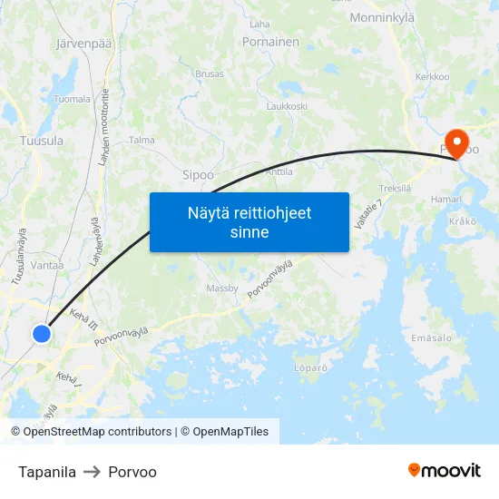 Tapanila to Porvoo map