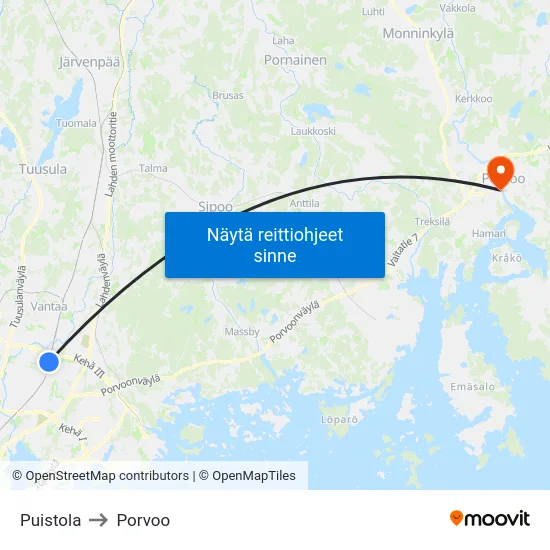 Puistola to Porvoo map