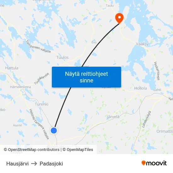 Hausjärvi to Padasjoki map