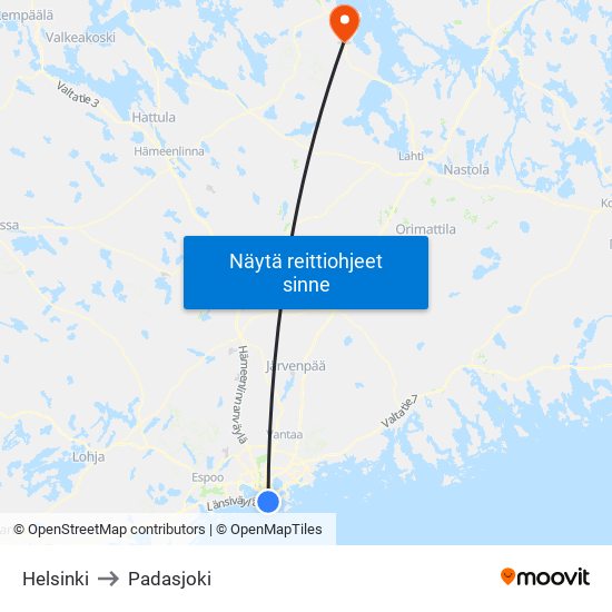 Helsinki to Padasjoki map