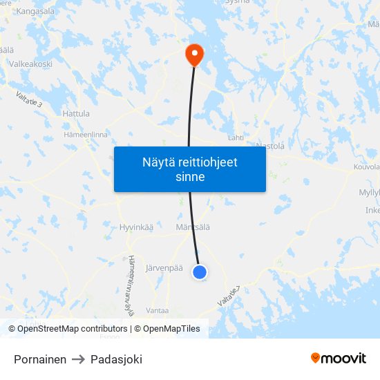 Pornainen to Padasjoki map