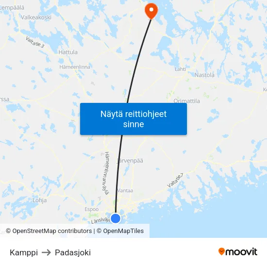 Kamppi to Padasjoki map