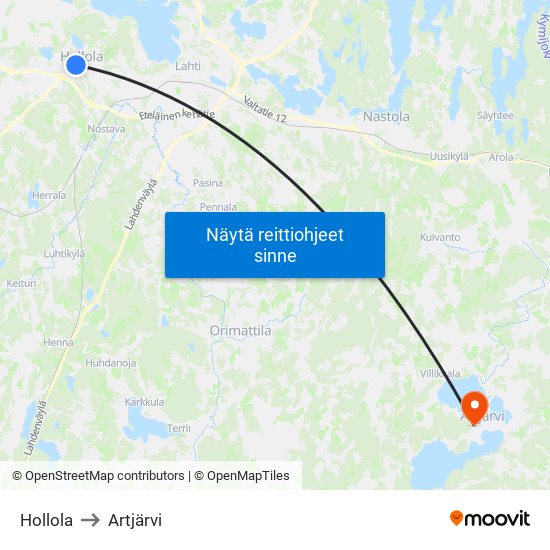 Hollola to Artjärvi map