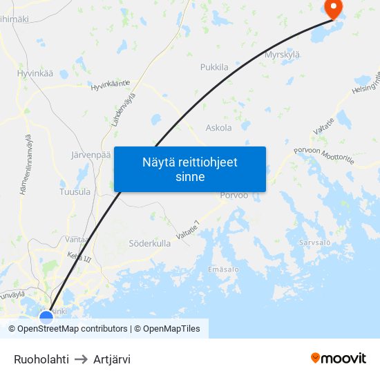 Ruoholahti to Artjärvi map