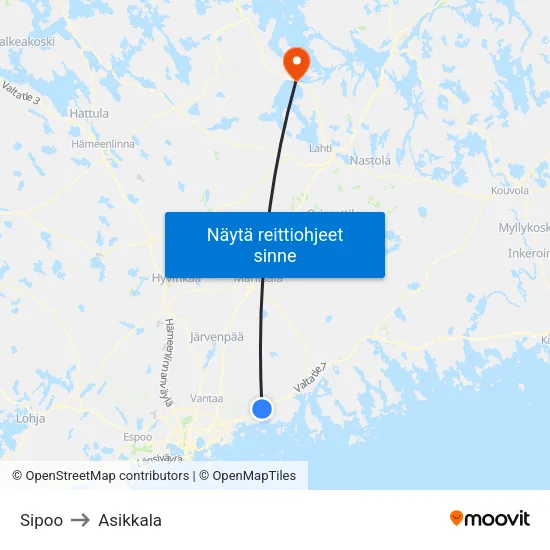 Sipoo to Asikkala map