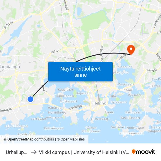Urheilupuisto to Viikki campus | University of Helsinki (Viikin kampus) map