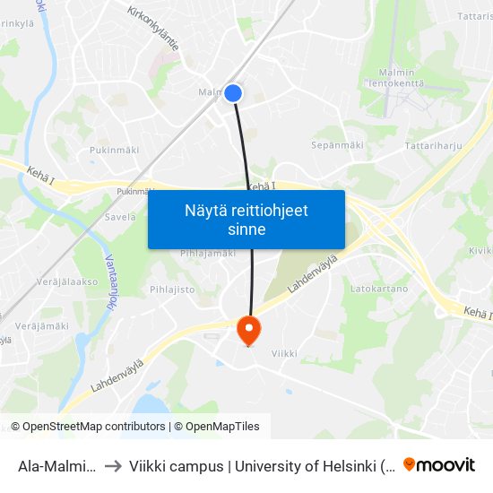 Ala-Malmin Tori to Viikki campus | University of Helsinki (Viikin kampus) map