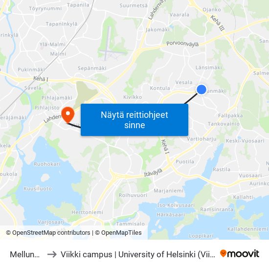 Mellunmäki to Viikki campus | University of Helsinki (Viikin kampus) map