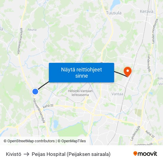 Kivistö to Peijas Hospital (Peijaksen sairaala) map