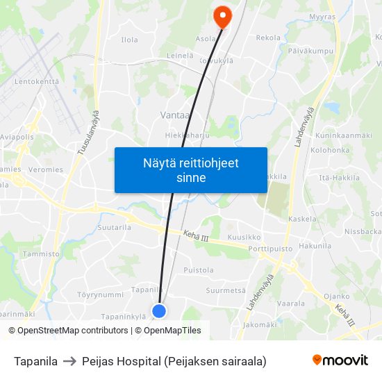 Tapanila to Peijas Hospital (Peijaksen sairaala) map