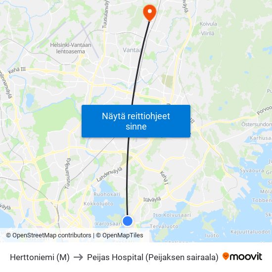 Herttoniemi (M) to Peijas Hospital (Peijaksen sairaala) map