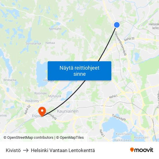 Kivistö to Helsinki Vantaan Lentokenttä map
