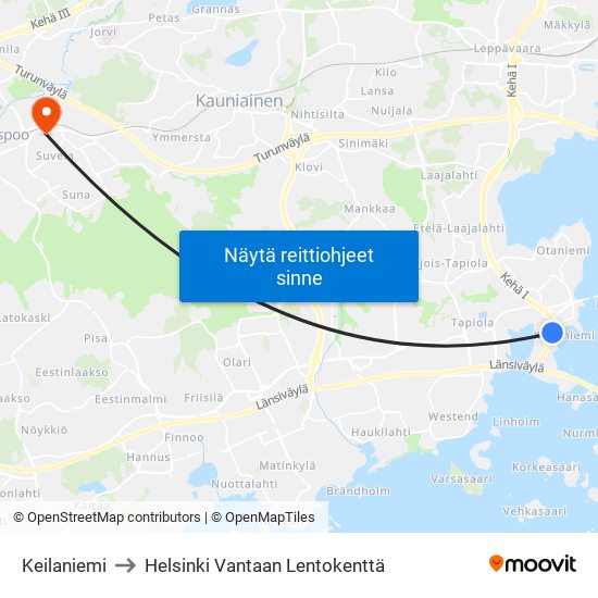 Keilaniemi to Helsinki Vantaan Lentokenttä map
