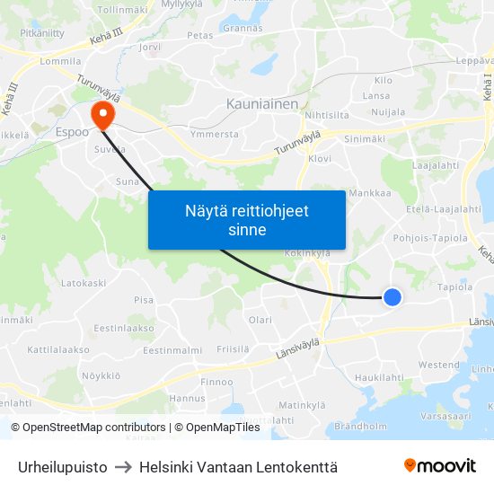 Urheilupuisto to Helsinki Vantaan Lentokenttä map