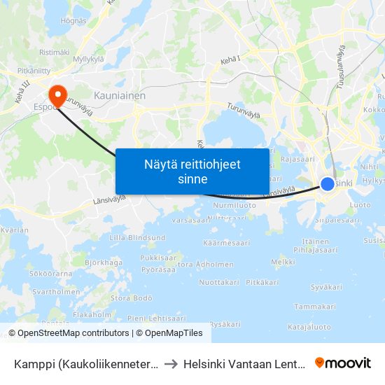 Kamppi (Kaukoliikenneterminaali) to Helsinki Vantaan Lentokenttä map