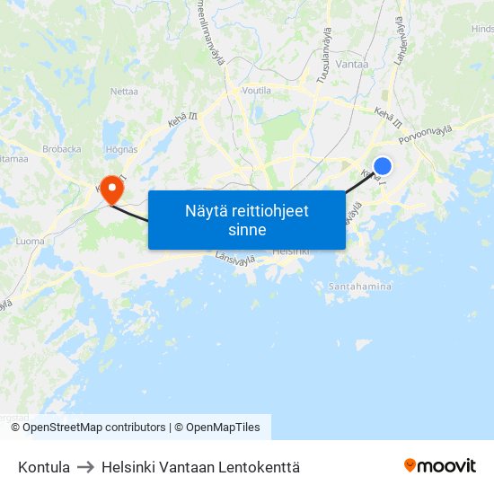 Kontula to Helsinki Vantaan Lentokenttä map