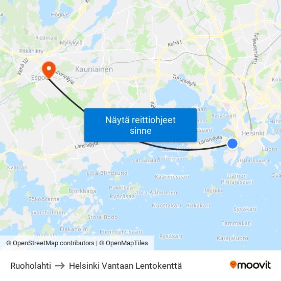 Ruoholahti to Helsinki Vantaan Lentokenttä map