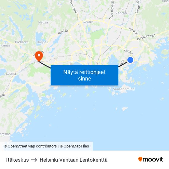 Itäkeskus to Helsinki Vantaan Lentokenttä map