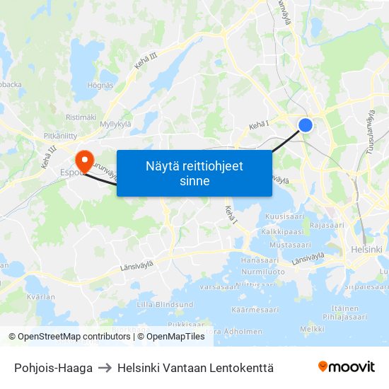 Pohjois-Haaga to Helsinki Vantaan Lentokenttä map