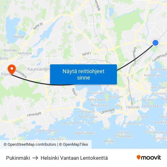 Pukinmäki to Helsinki Vantaan Lentokenttä map