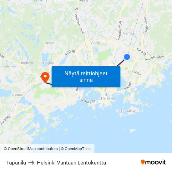 Tapanila to Helsinki Vantaan Lentokenttä map