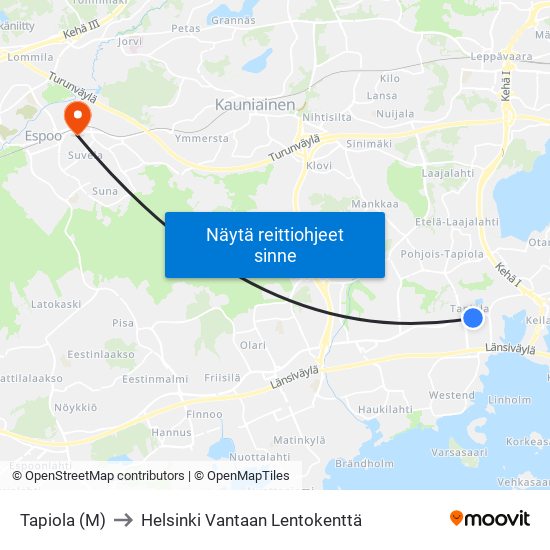 Tapiola (M) to Helsinki Vantaan Lentokenttä map