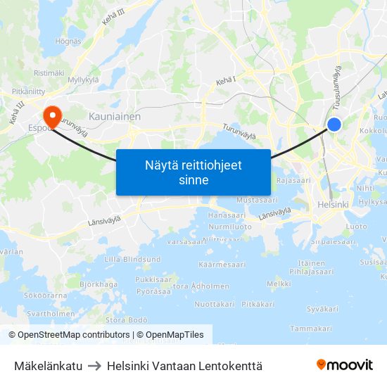 Mäkelänkatu to Helsinki Vantaan Lentokenttä map