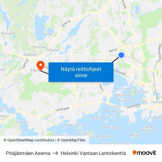 Pitäjänmäen Asema to Helsinki Vantaan Lentokenttä map