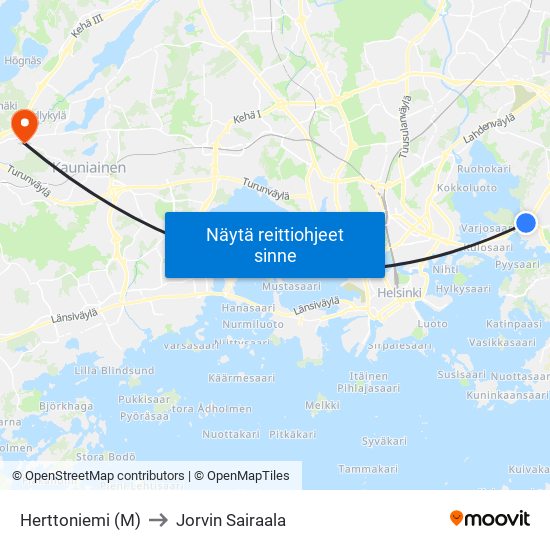 Herttoniemi (M) to Jorvin Sairaala map