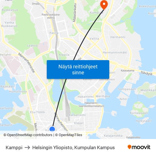 Kamppi to Helsingin Yliopisto, Kumpulan Kampus map