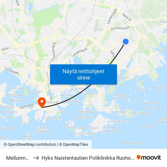 Mellunmäki to Hyks Naistentautien Poliklinikka Ruoholahti map