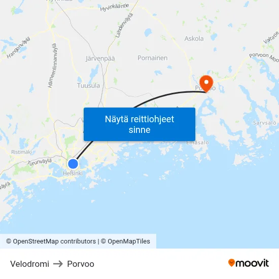 Velodromi to Porvoo map