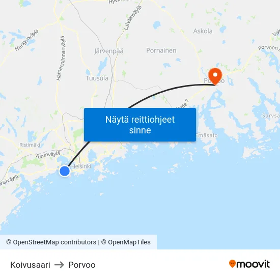 Koivusaari to Porvoo map