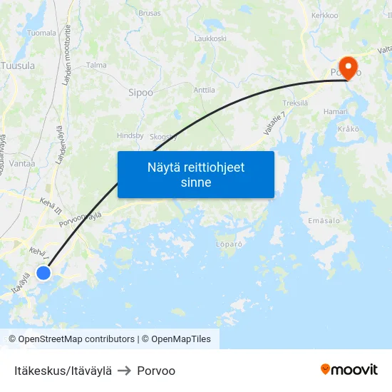 Itäkeskus/Itäväylä to Porvoo map