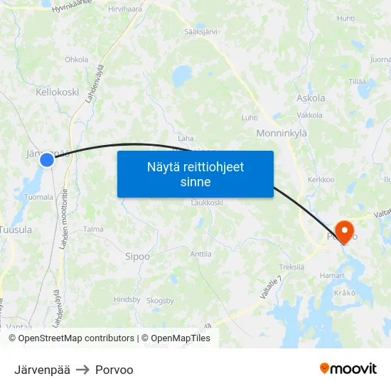 Järvenpää to Porvoo map