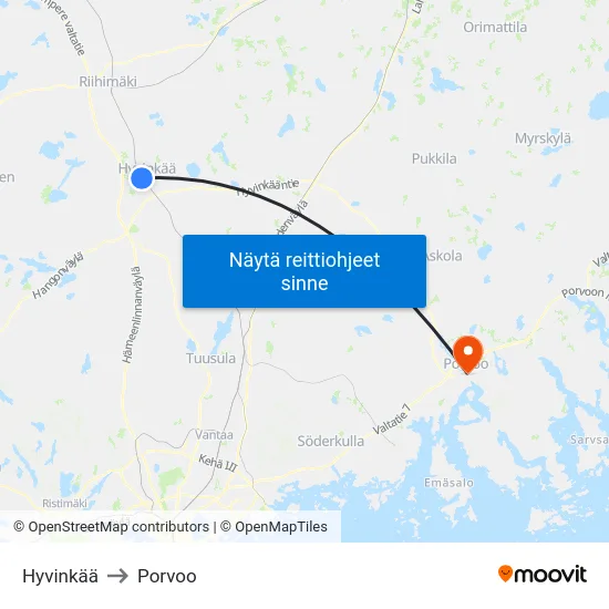 Hyvinkää to Porvoo map