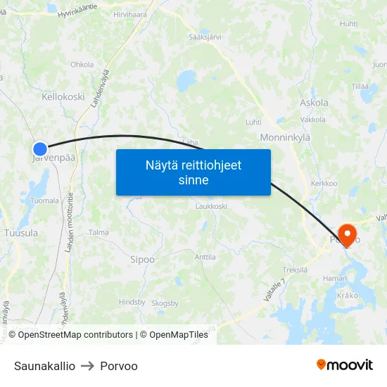 Saunakallio to Porvoo map