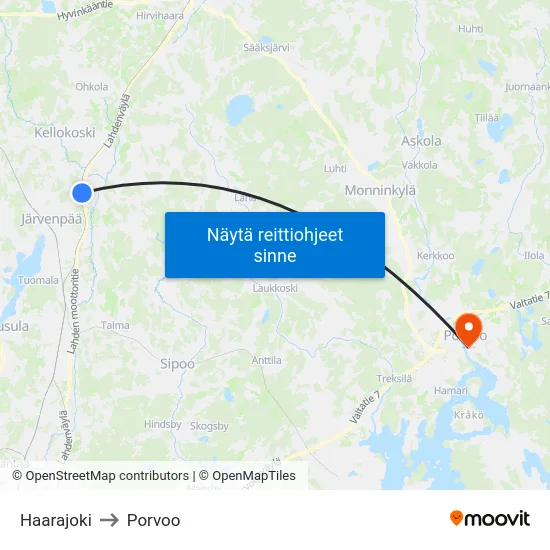 Haarajoki to Porvoo map