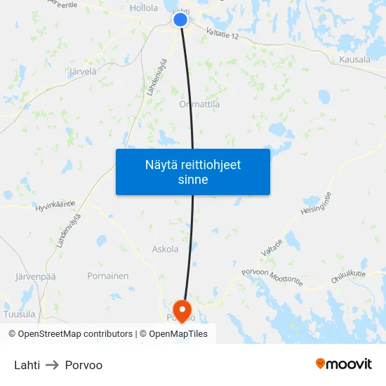 Lahti to Porvoo map