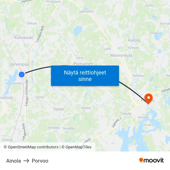 Ainola to Porvoo map