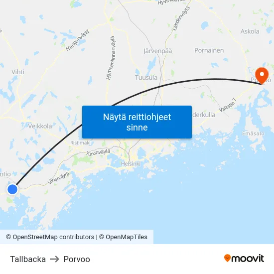 Tallbacka to Porvoo map