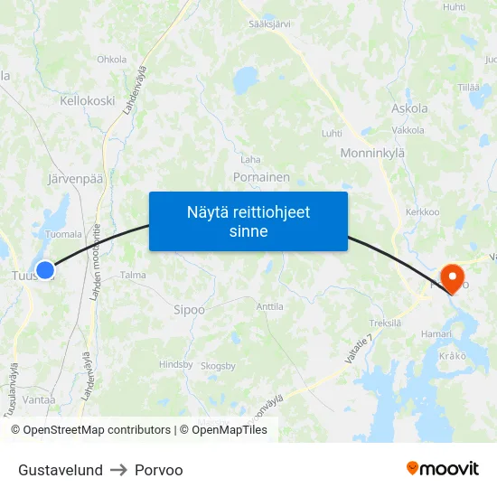 Gustavelund to Porvoo map