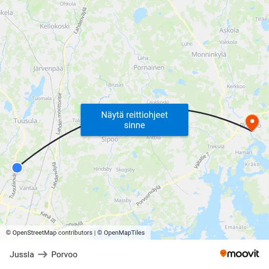 Jussla to Porvoo map