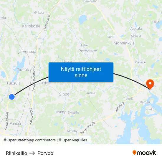 Riihikallio to Porvoo map