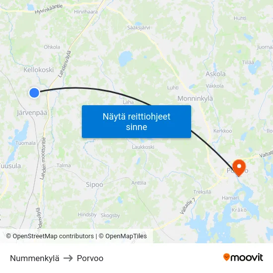 Nummenkylä to Porvoo map