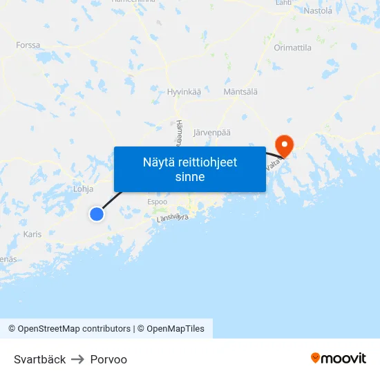 Svartbäck to Porvoo map