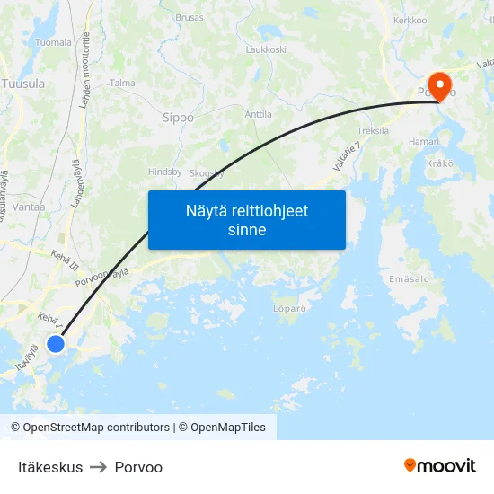 Itäkeskus to Porvoo map