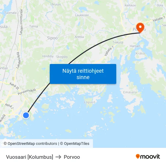 Vuosaari [Kolumbus] to Porvoo map