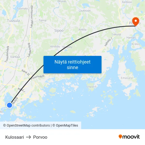 Kulosaari to Porvoo map
