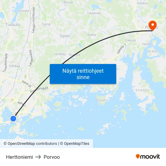 Herttoniemi to Porvoo map